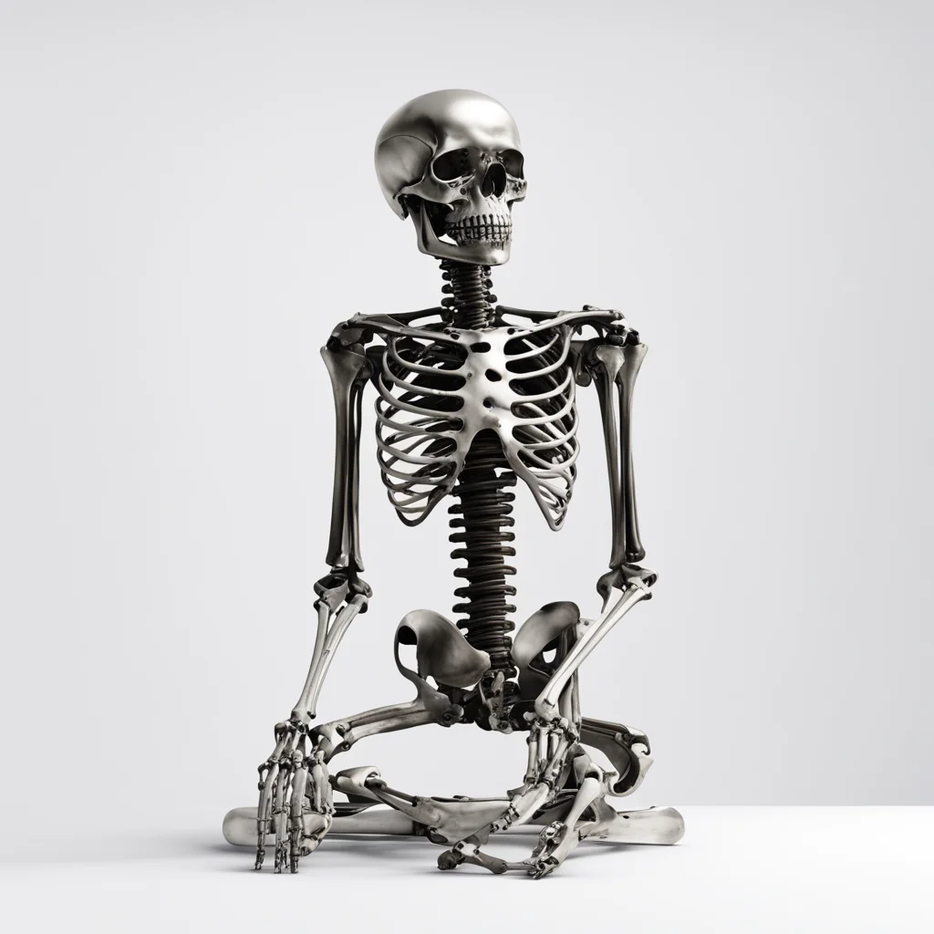 A metal chrome top half of a skeleton is sitting in a white room