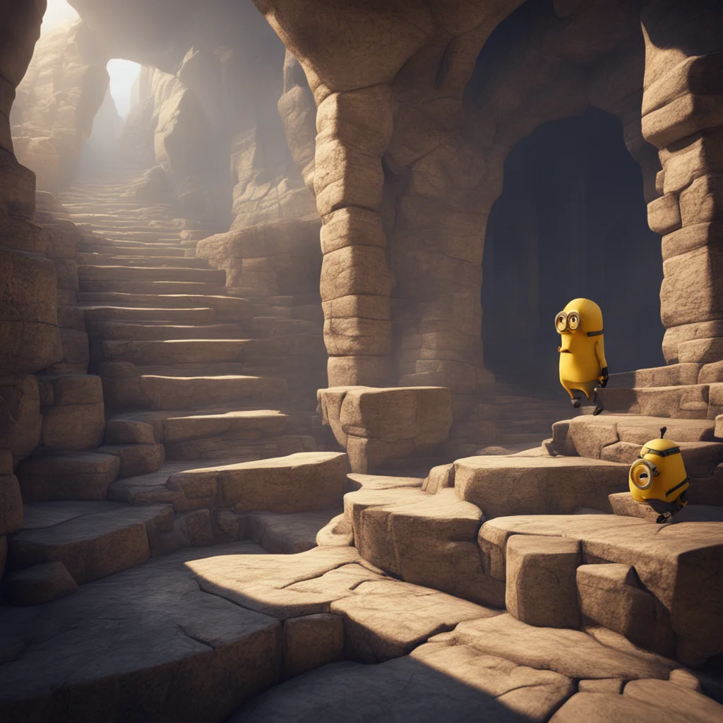 A movie concept art depicts three minions numerous stone steps empty rooms high above sacred gorgeous soft lighting life