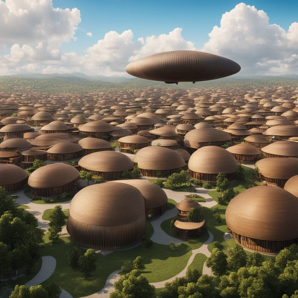 A neighborhood of ribbed zeppelin homes float in the sky over a city of wooden homes —ar 1117
