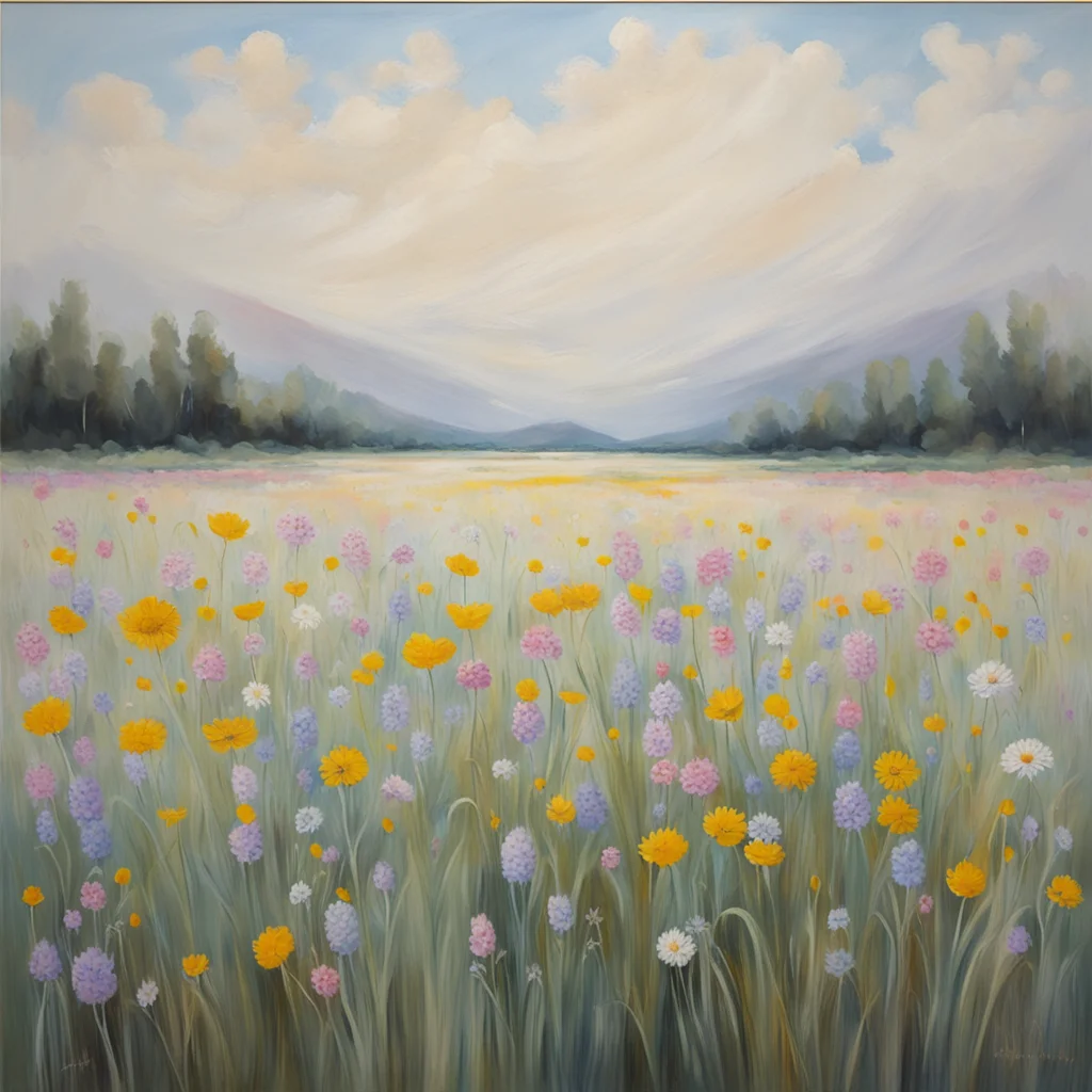 A painting of a field of wildflowers with muted colours and soft brushstrokes that give the painting a peaceful feeling 