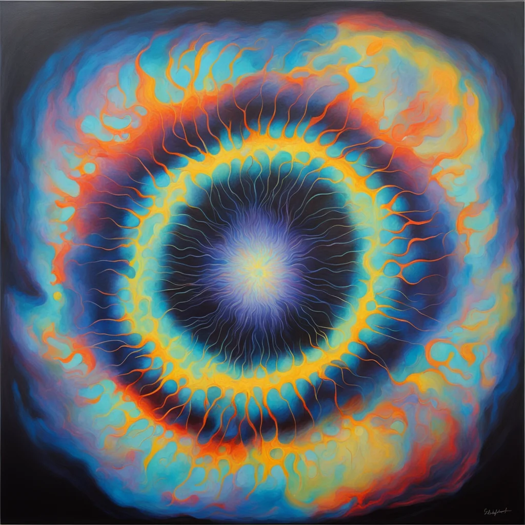 A painting showing an energy storm inside an abstract animal cell The simple composition creates a sense of order and ha