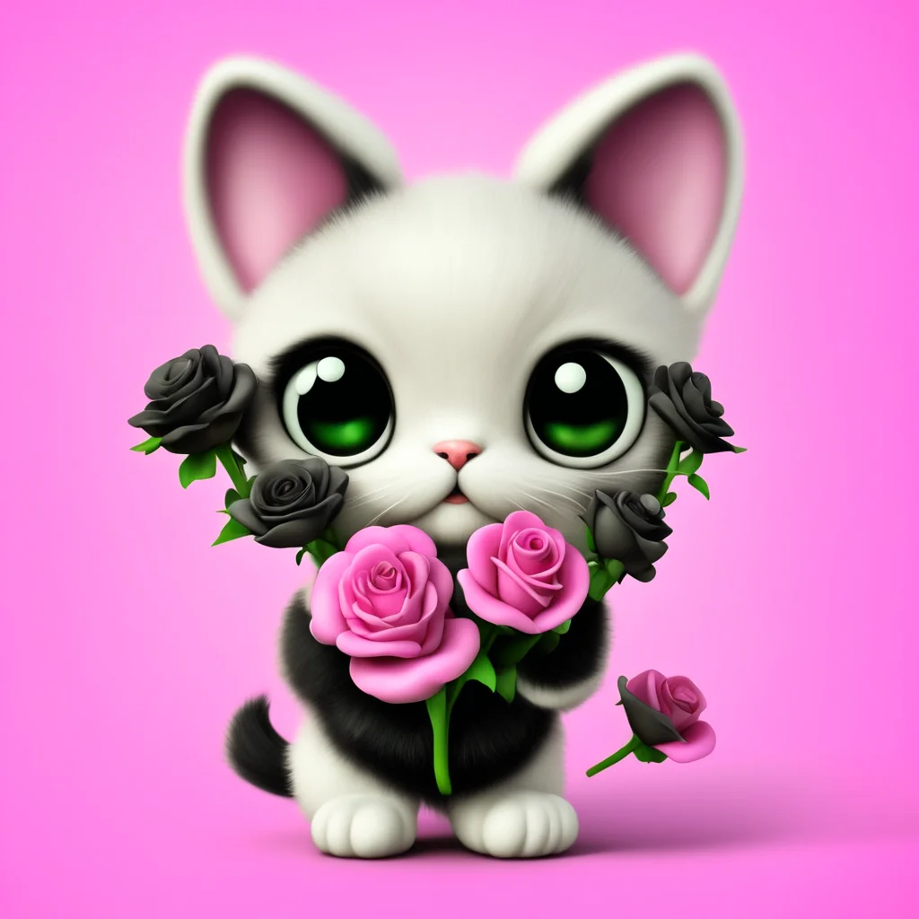 A pale pink cartoon caricature 4D kitty with large eyes holding a bouquet of Ordos black roses the image is clear like i