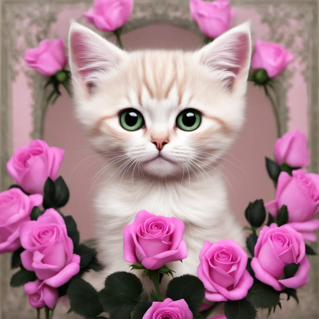 A pale pink symmetrical kitten with large eyes holding a bouquet of Ordos black roses is clearly framed like in a photog