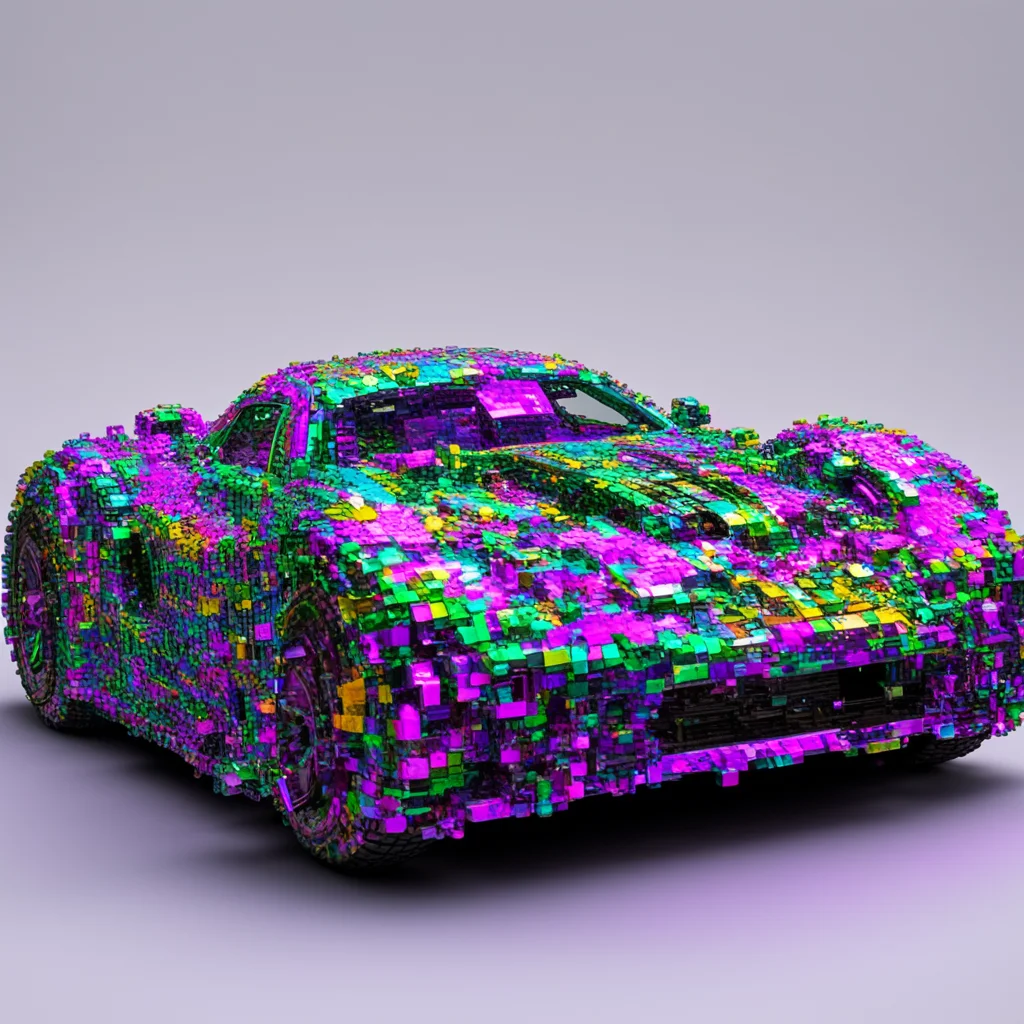A photograph of a sports car made out of bismuth crystals with a greeble texture highly detailed