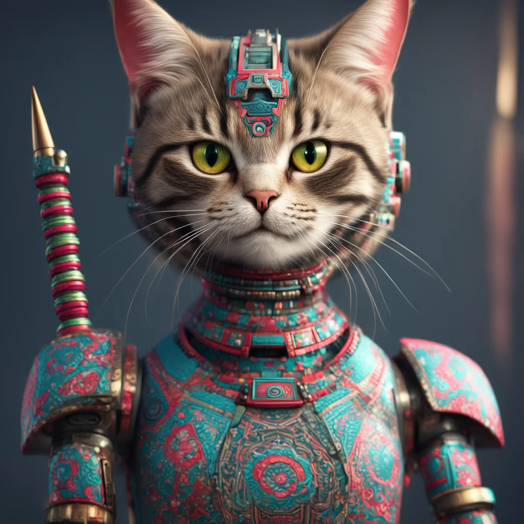 A portrait of a cat robot with tribal pattern dress holding a drumstick octane render high detailed hyper realistic cine