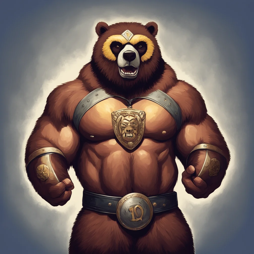 A portrait of a luchador in a bear mask holding a championship belt above his head in victory In the style of Dungeons &