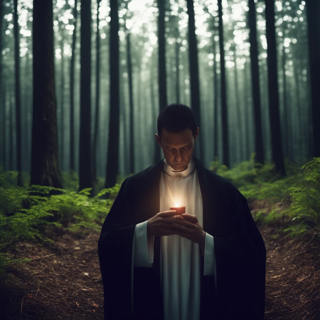 A priest drinking the holy sacrament in a dark forest cinematic Lighting
