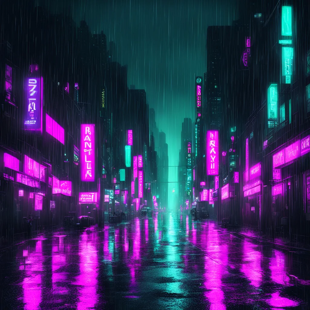 A rainy city street at night in the style of cyberpunk noir