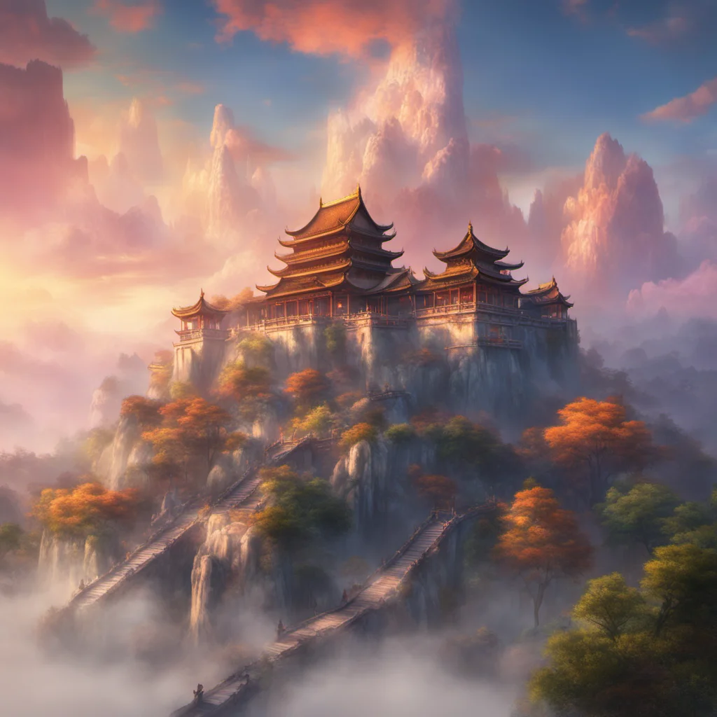 A real beautiful landscape painting Chinese palace on colorful clouds fairy tale light effect Dream Dindar light unreal engine  fantasy painting style s