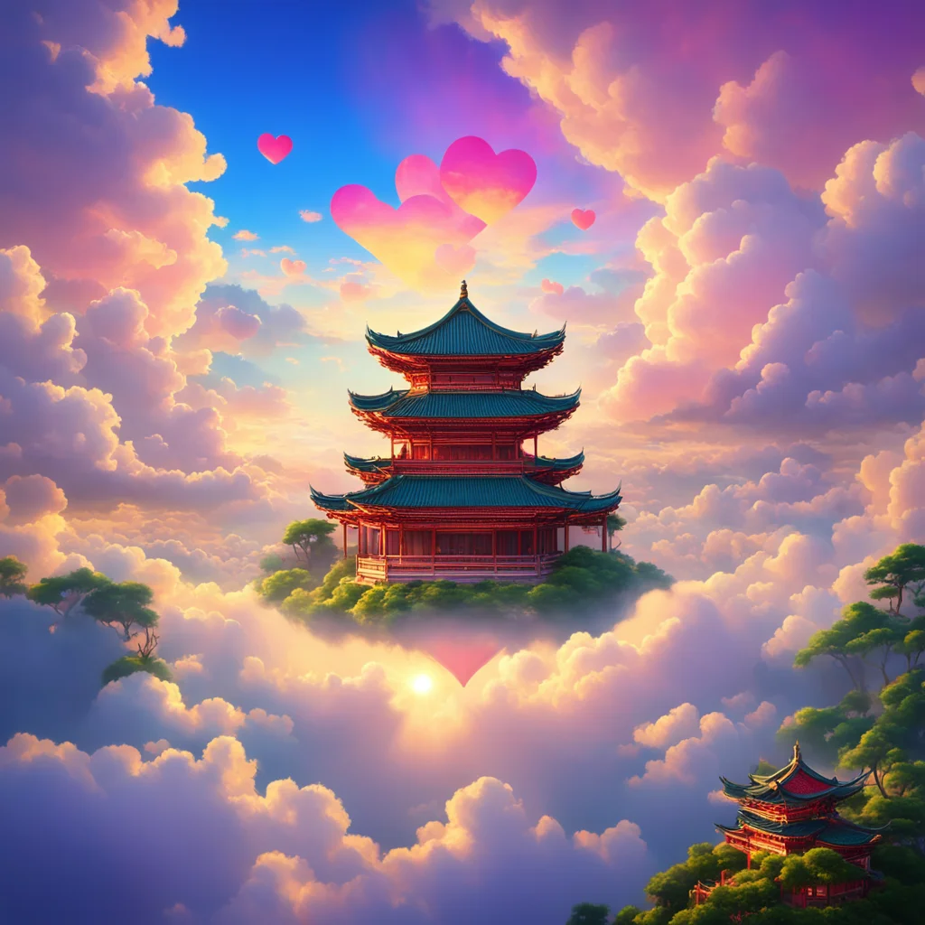 A real beautiful painting of Chinese palace in the sky surrounded by colorful cloudsCloud in the shape of a love heart， 