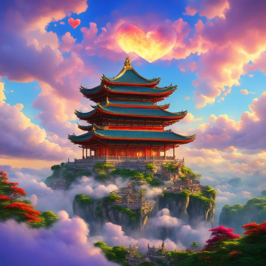 A real beautiful painting of Chinese palace in the sky surrounded by colorful cloudsCloud in the shape of a love heart，H