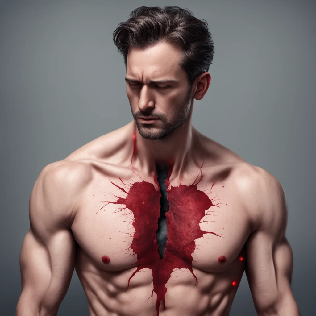 A realistic man staring down at a hole in his chest where his heart should be