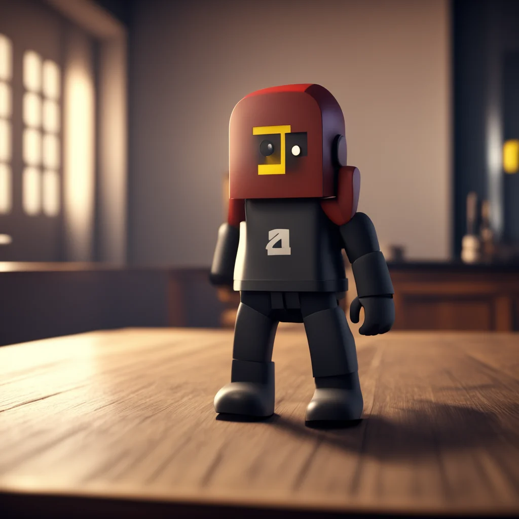 A roblox character standing on a wooden table cinematic lighting beautiful photo 4k resolution depth of field effect