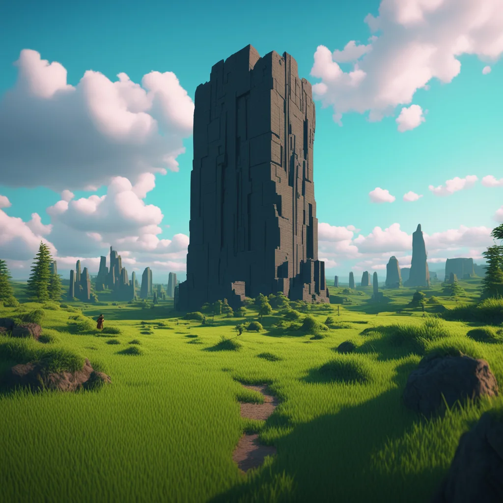 A rural scene with a giant mystical monolith in the background  3d  voxelart  blender  Octane render  8k post processing