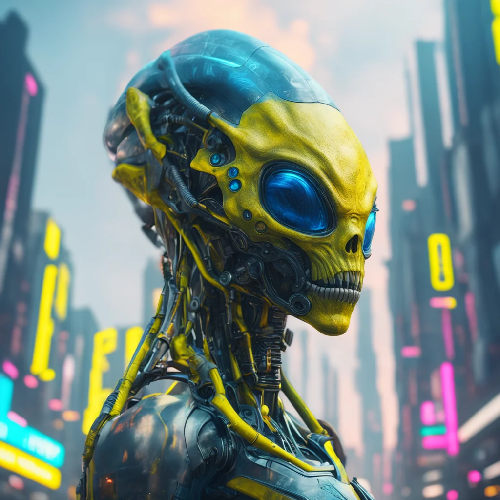 A scary alien in a futuristic cyberpunk alien city smoke highly detailed and intricate yellow and blue sci fi cinematic 