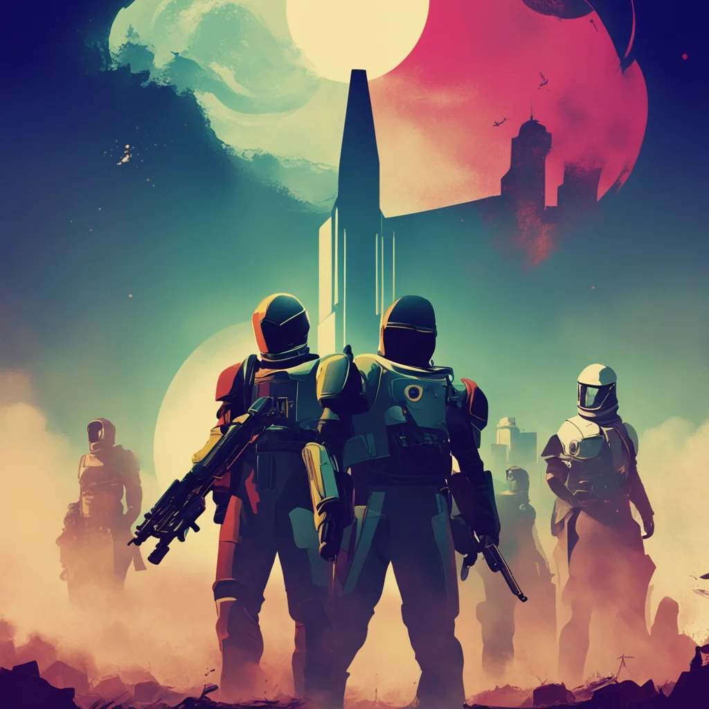 A scene from the game Destiny 2 in a stylized poster from 1960s sovjet union  stylized  gaming  fps  Destiny 2