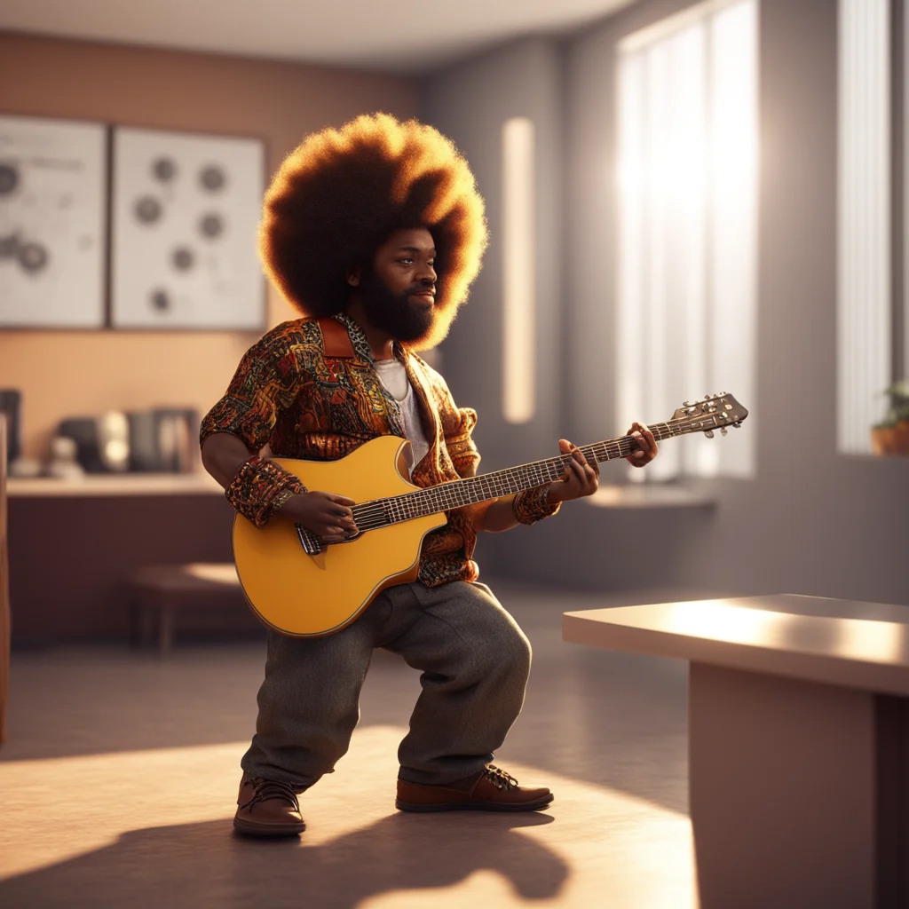 A short dwarf with an Afro and 70s fashion playing guitar at the doctors office distracting himself from the fiery sun i