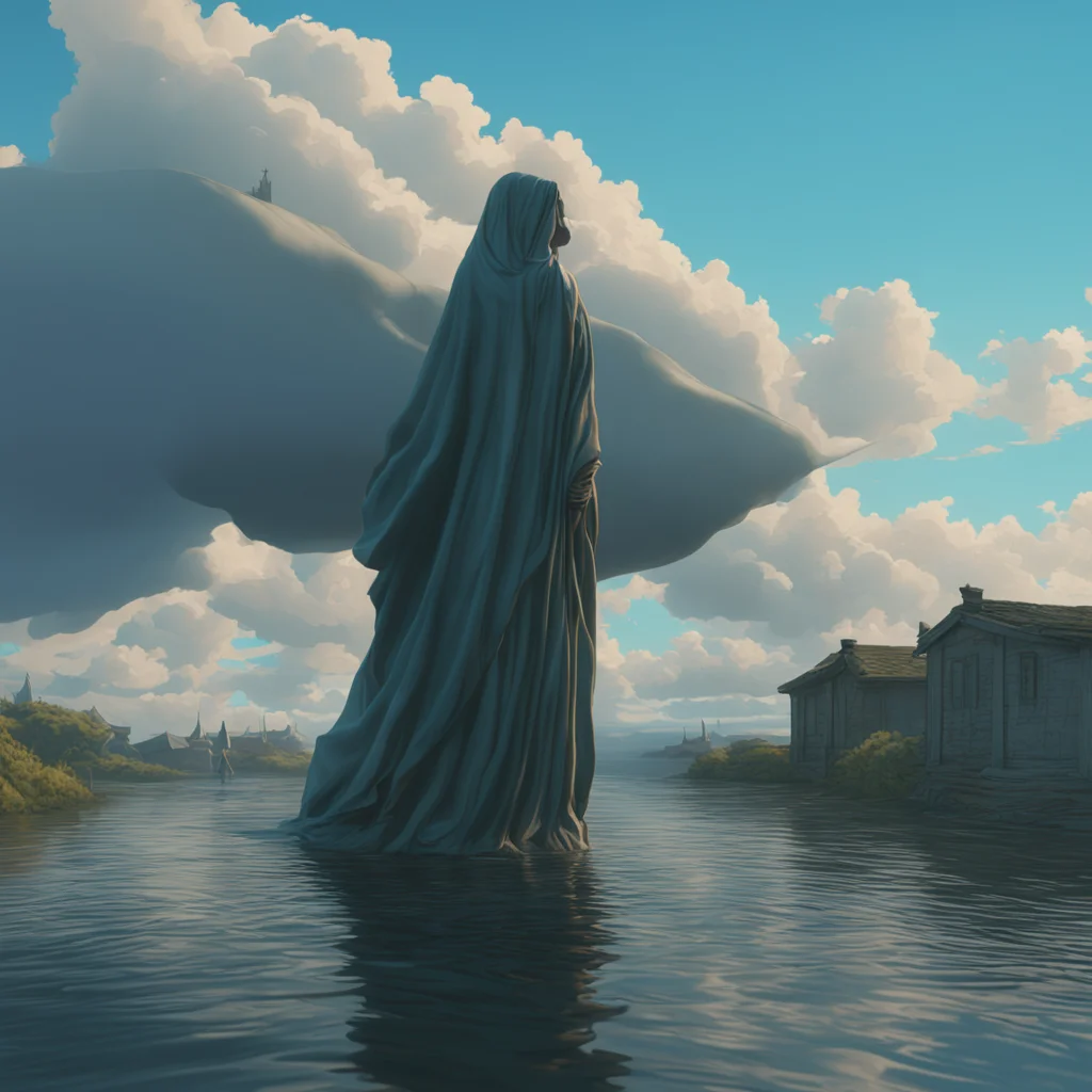 A statue cloaked in a flowing windblown fabric on an open flood plane Ghibli Studio Michael Parkes Simon Stålenhag drama