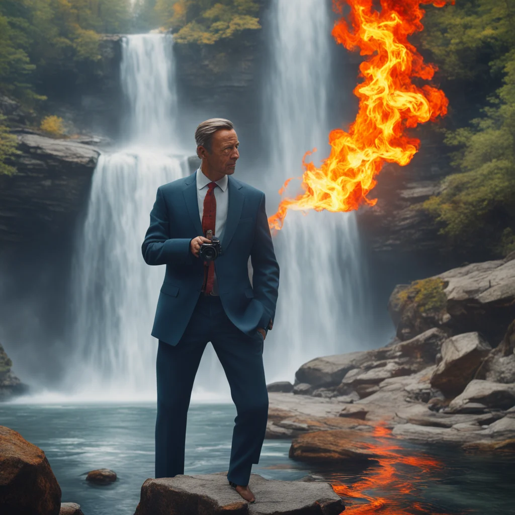A suited man on fire holding camera in front of a natural waterfall american modernism realism norman rockwell cohesive 