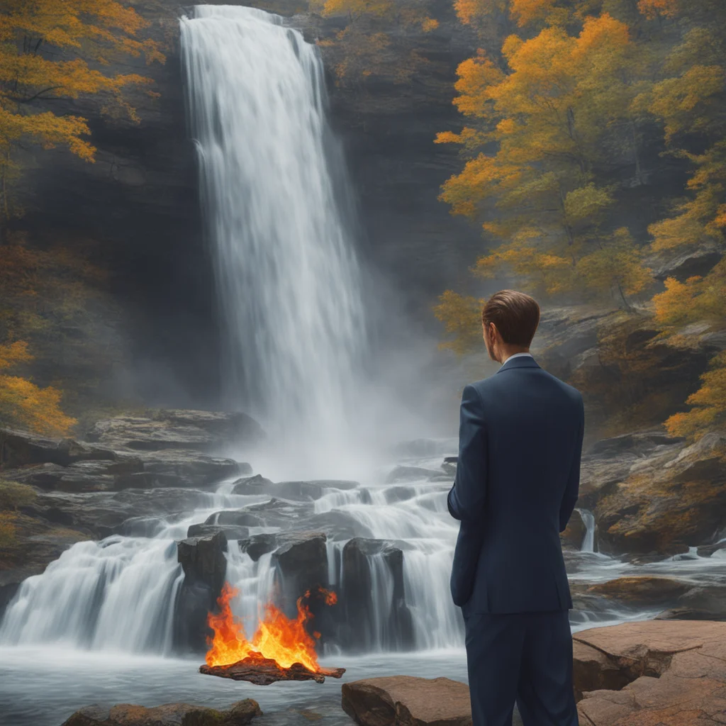 A suited man on fire that is photographing across a natural waterfall american modernism realism norman rockwell cohesiv