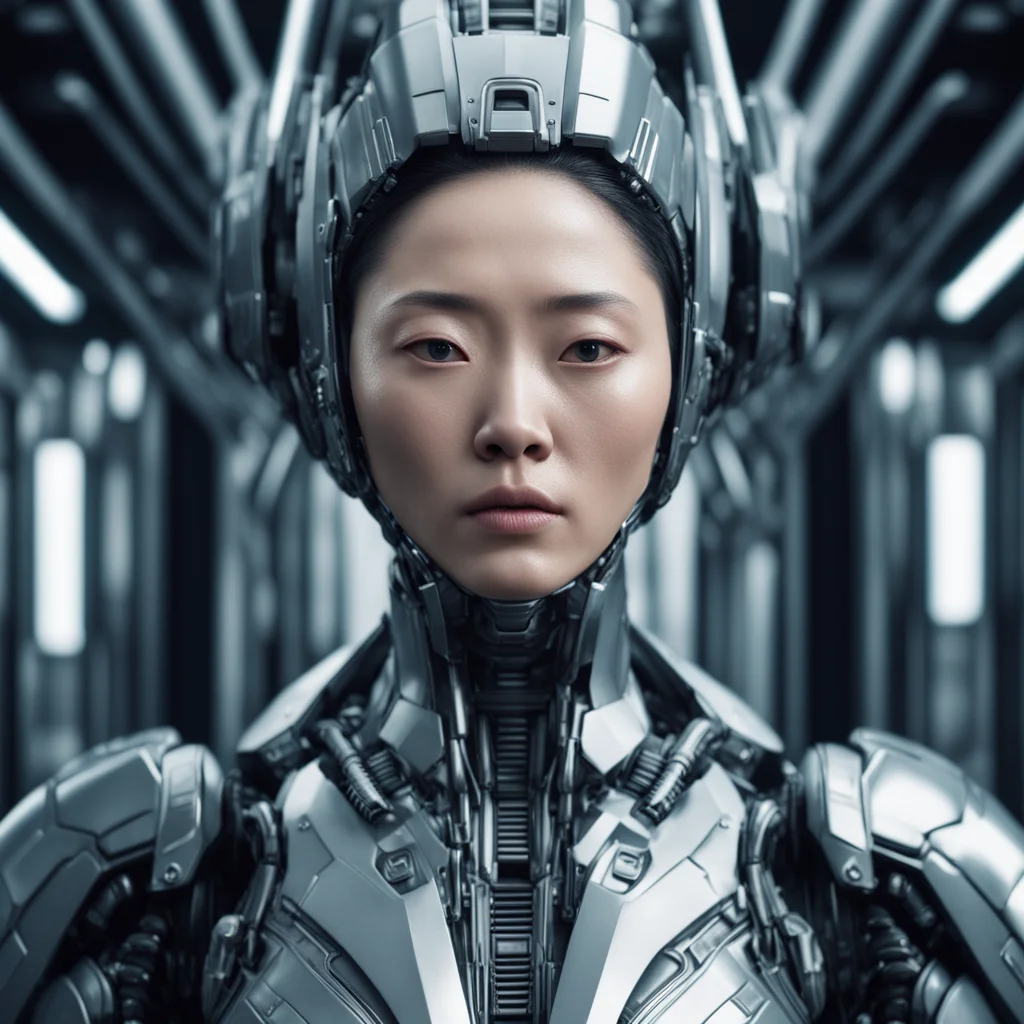 A symmetrical portrait of a beautiful asian women an hybrid alien battleship Regents humanoid cyborg heavy armor cyberne