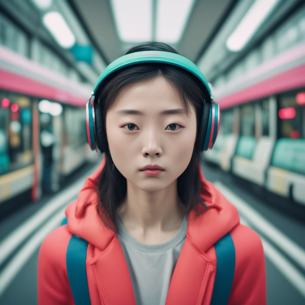 A symmetrical portrait of a beautiful korean girl cityboy look skateboard camera headset sensor chips bustation motion b