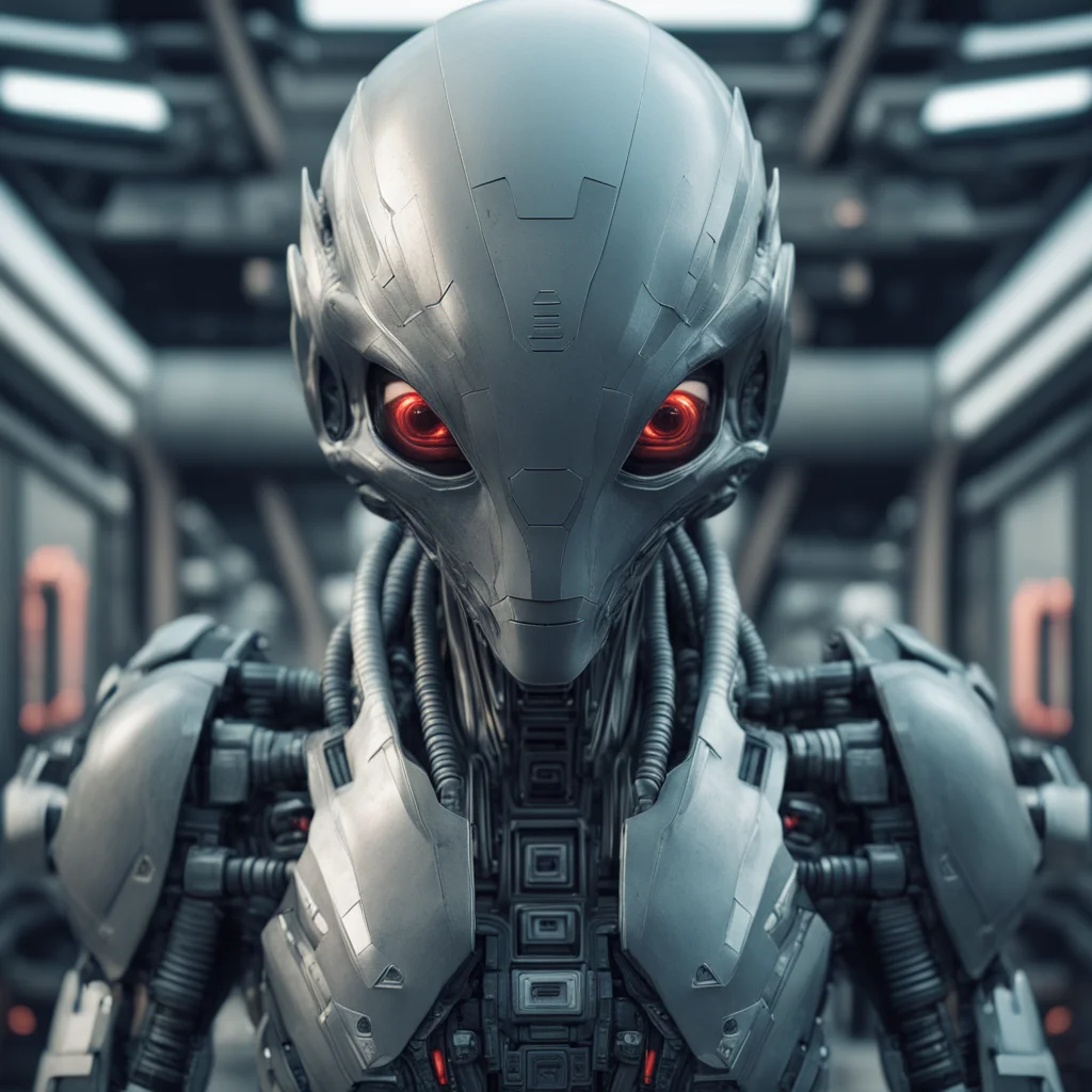 A symmetrical portrait of an hybrid alien battleship Regents humanoid cyborg heavy armor cybernetics robotics energy wea