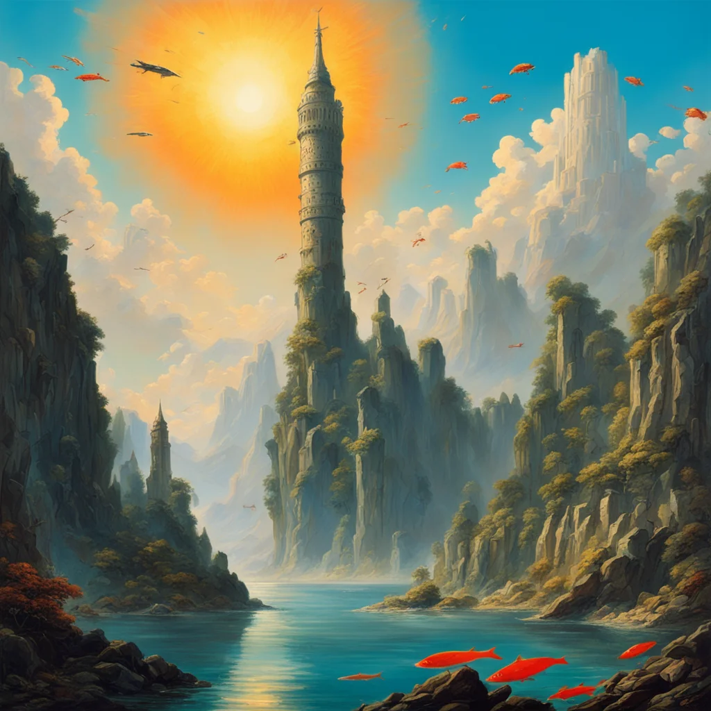 A tall tower in the scenery a large number of fish flying brightly light the sun in the sky mountain by greg rutkowskian