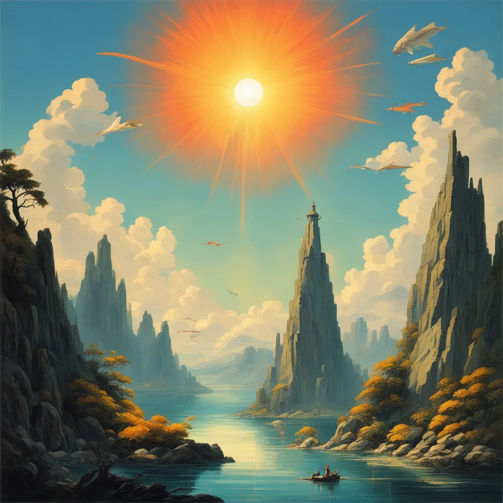 A tall tower in the scenery fish flying fish flying brightly light the sun mountain by greg rutkowskiand and Hubert Robe
