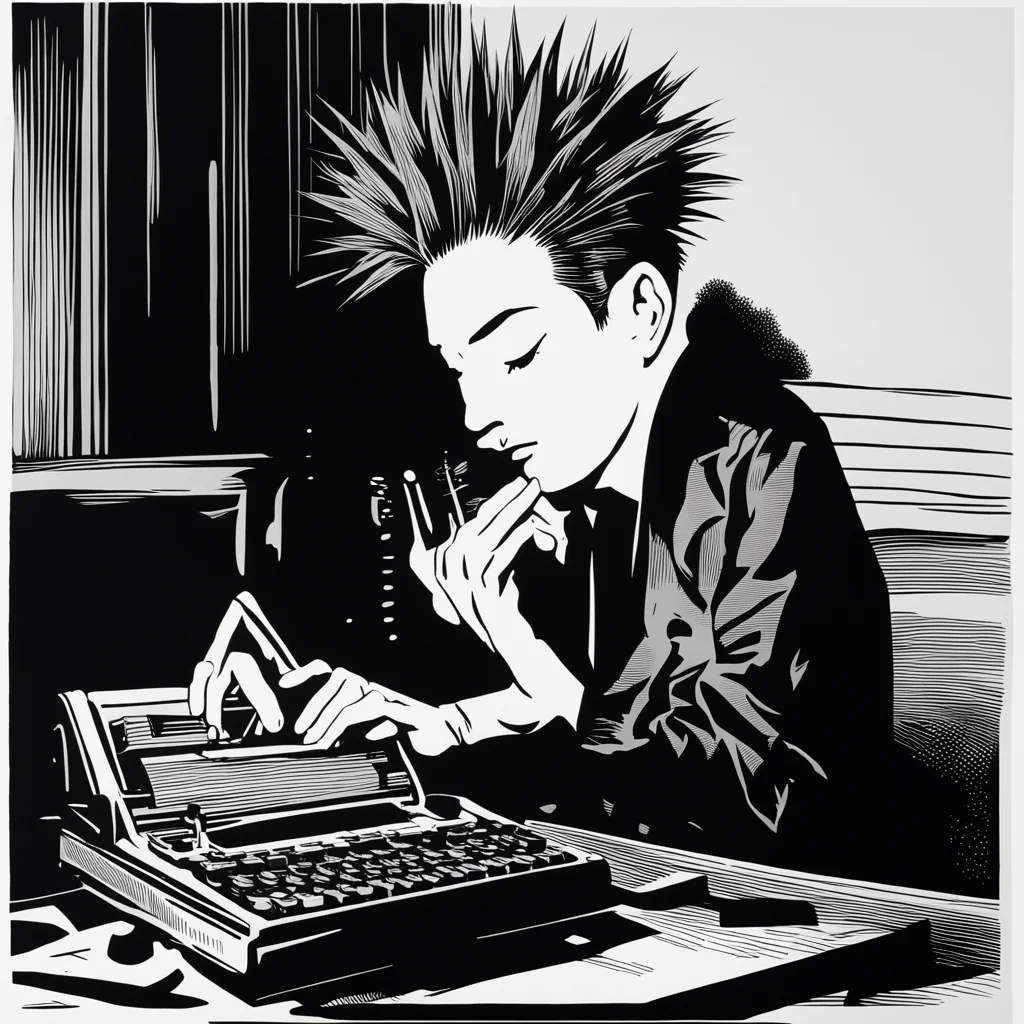 A tired punk with spiky hair sitting in front of a typewriter woodcut in the style of Frans Masereel ar 47 test uplight
