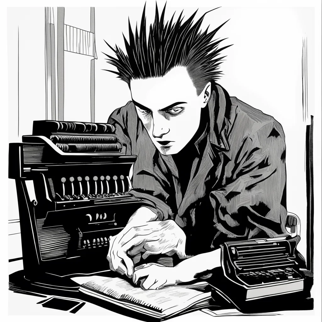 A tired punk with spiky hair sitting in front of a typewriter woodcut in the style of Frans Masereel ar 47 test