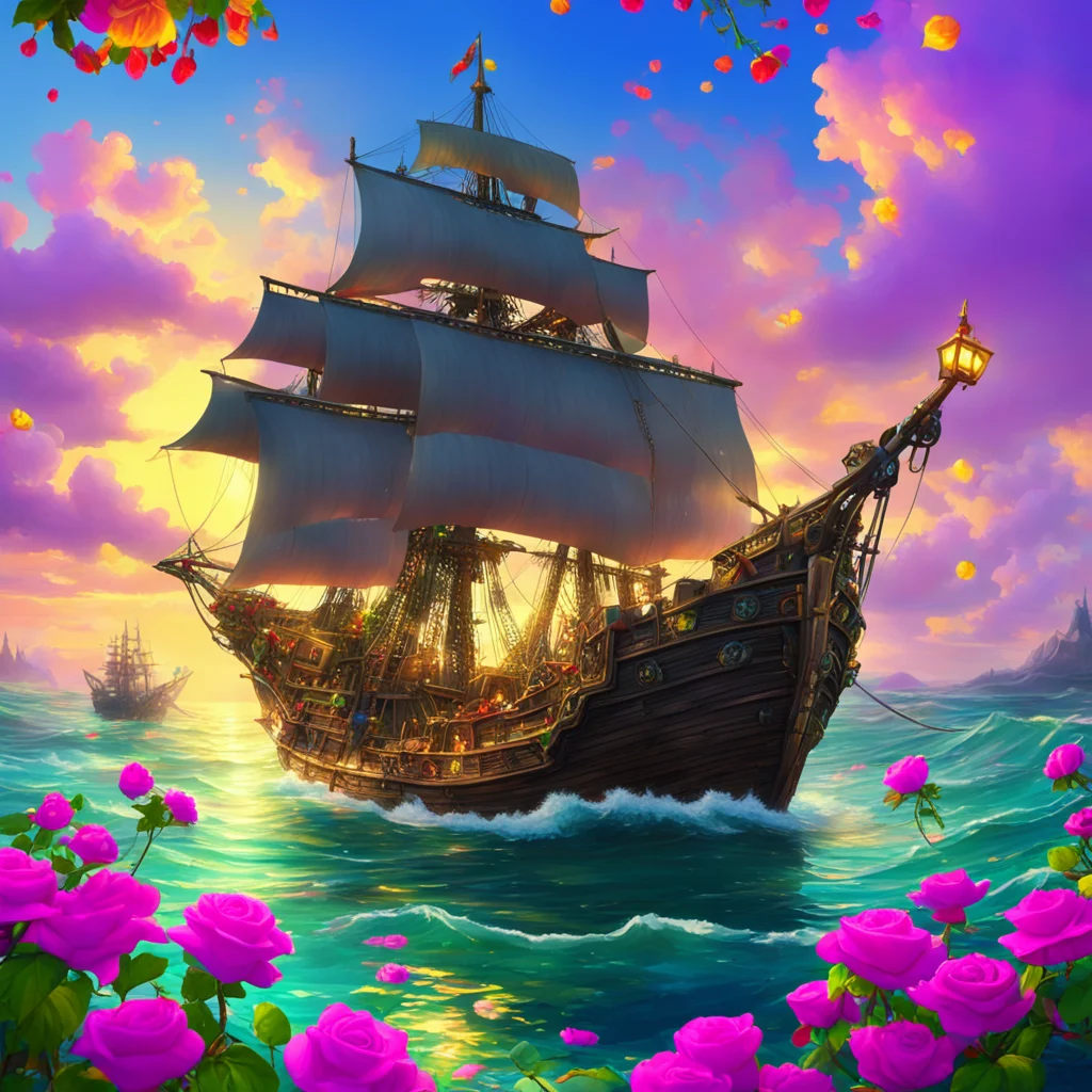 A truly beautiful painting of a colorfulpirate ship a sea of roses fairy tales light effects dreams unreal engines Greg 
