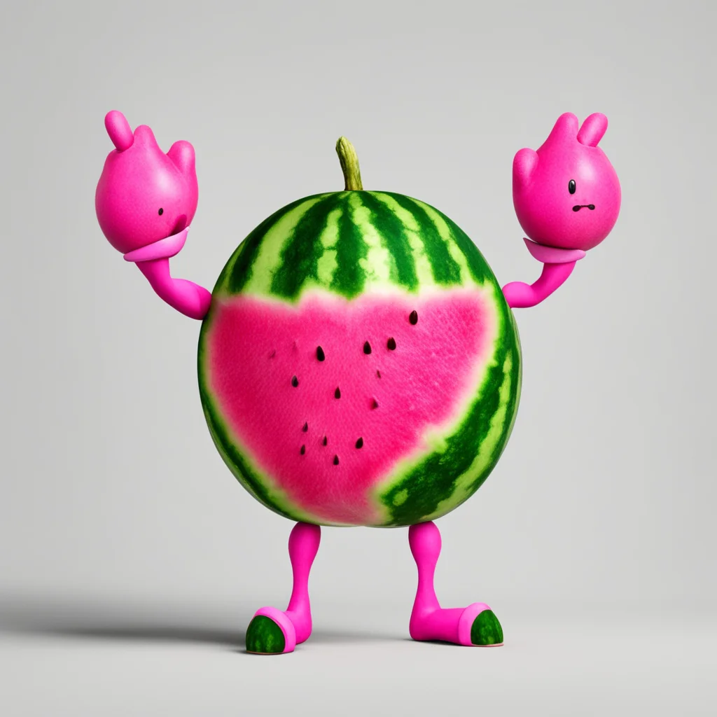 A watermelon with arms and legs holding a sign