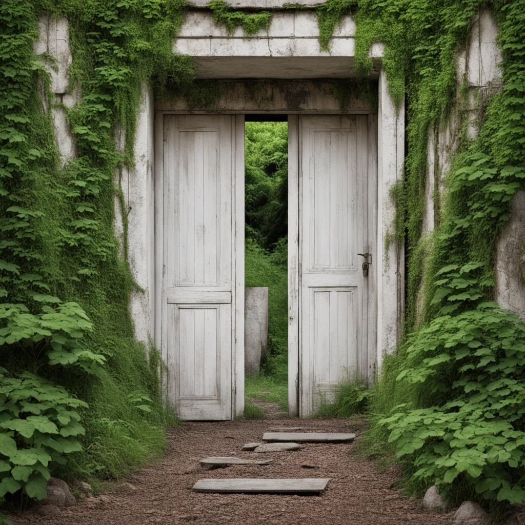 A white wooden door in a perfectly symmetrical completly overgrown abandoned valley wall cinematic 50mm lens photorealis