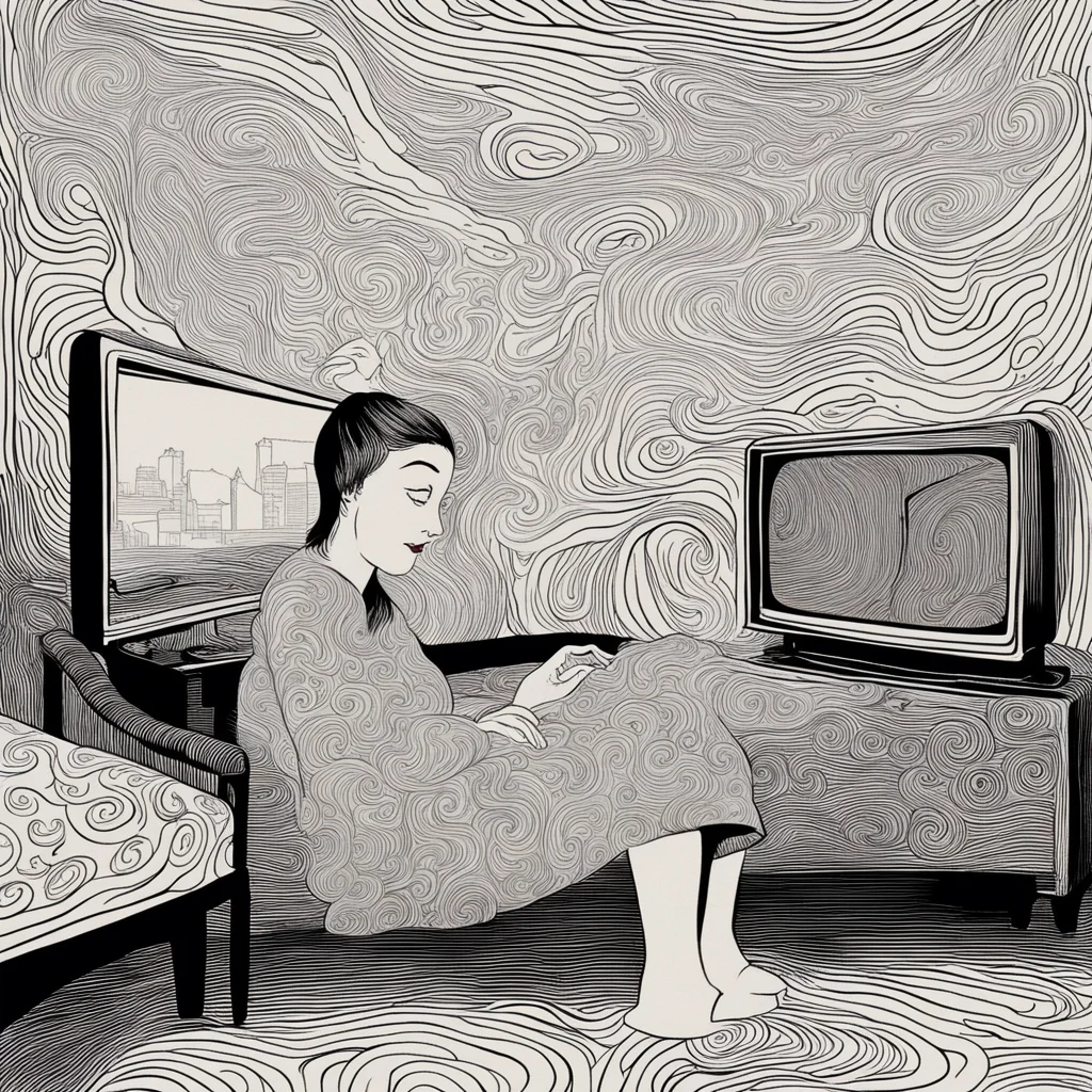 A woman looking like a moomin troll in the couch in front of a big tv melancholy mystic blurred swirly patterns in the r