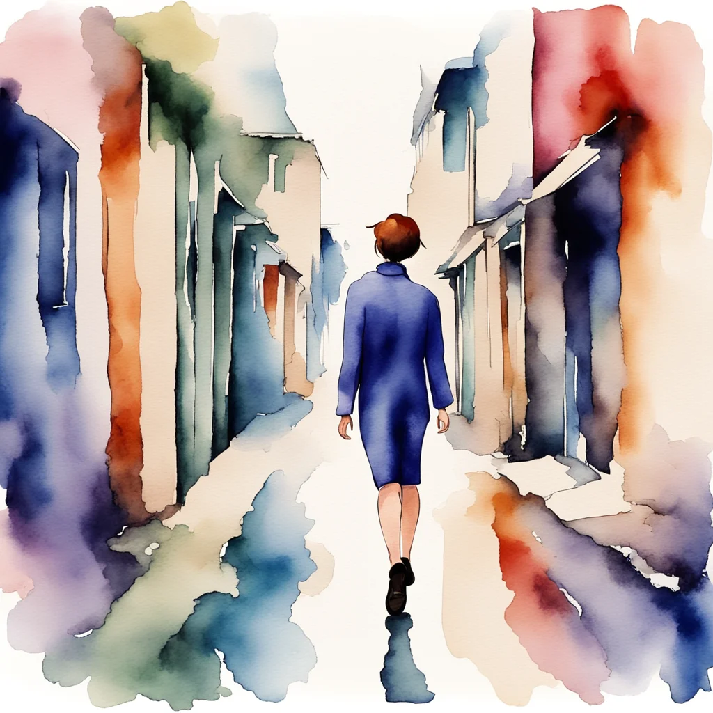 A woman with a good figure walking on a lonely street watercolor style