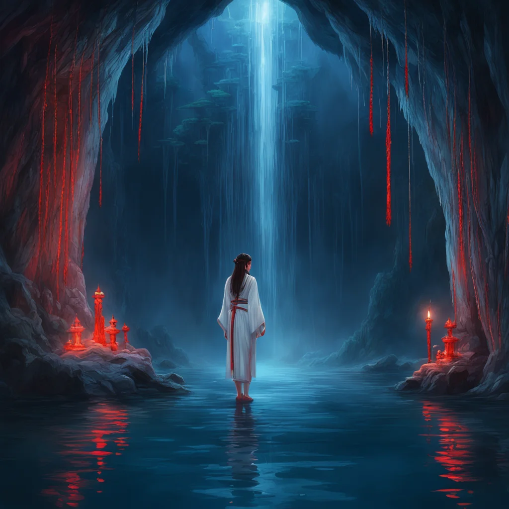 A young lady wears white Miko clothes in the lake of a lage stalactite cave a Japanese shrine and a red torii in backgro