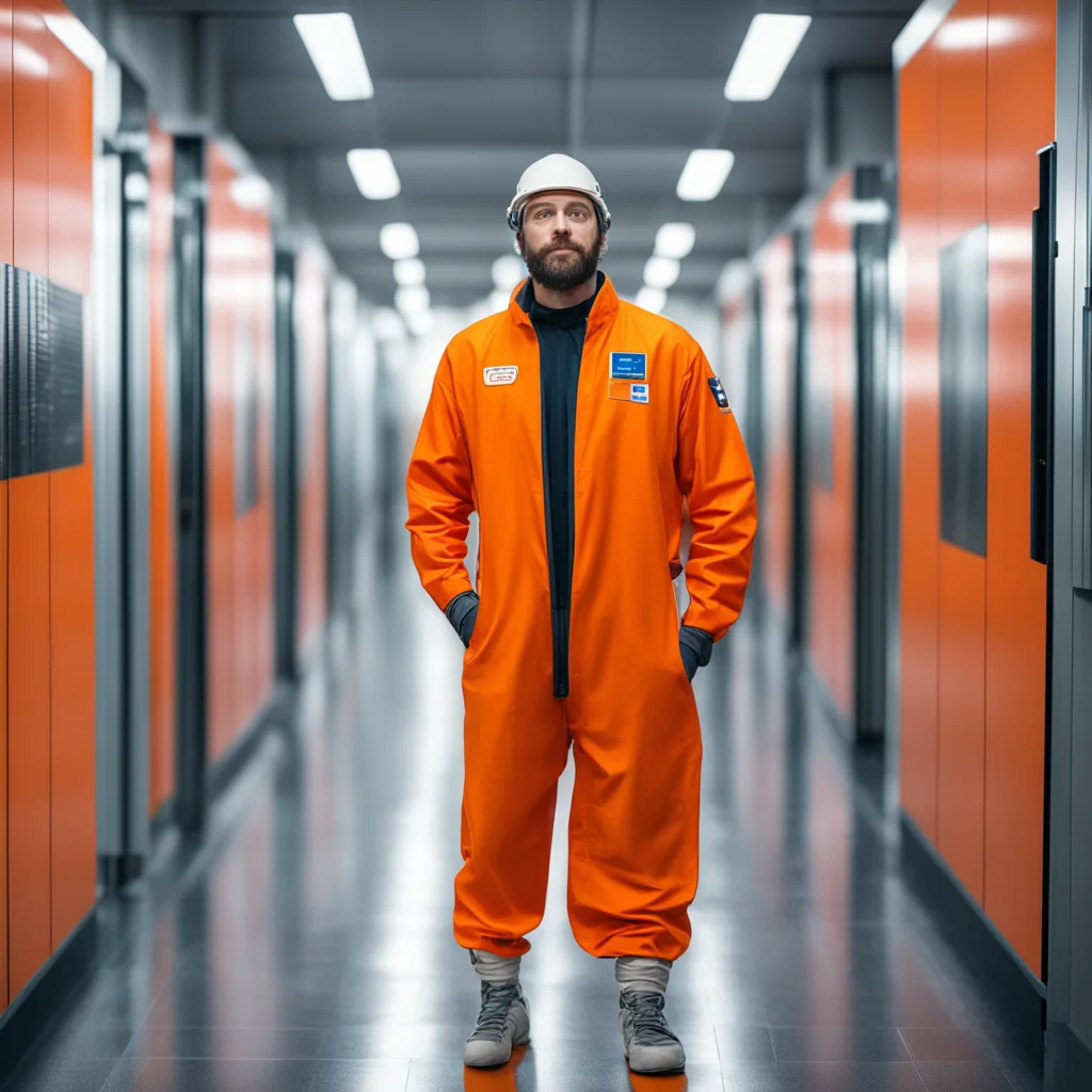 AI engineer wearing orange coveralls covered in quantum ferromagnetic fluid standing in a data center hallway —ar 1016