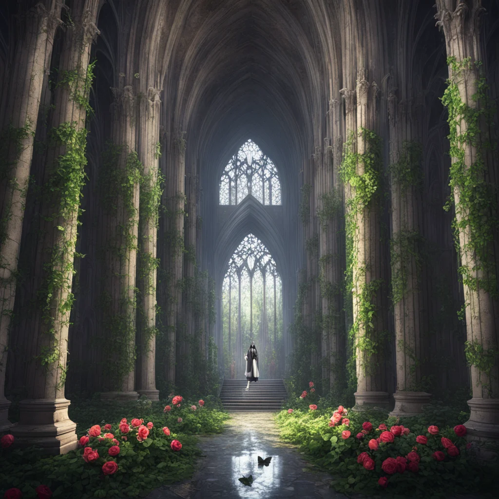 Abandoned gothic cathedral interior with clusters of ivy and roses butterflies volumetric light a white hooded figure st
