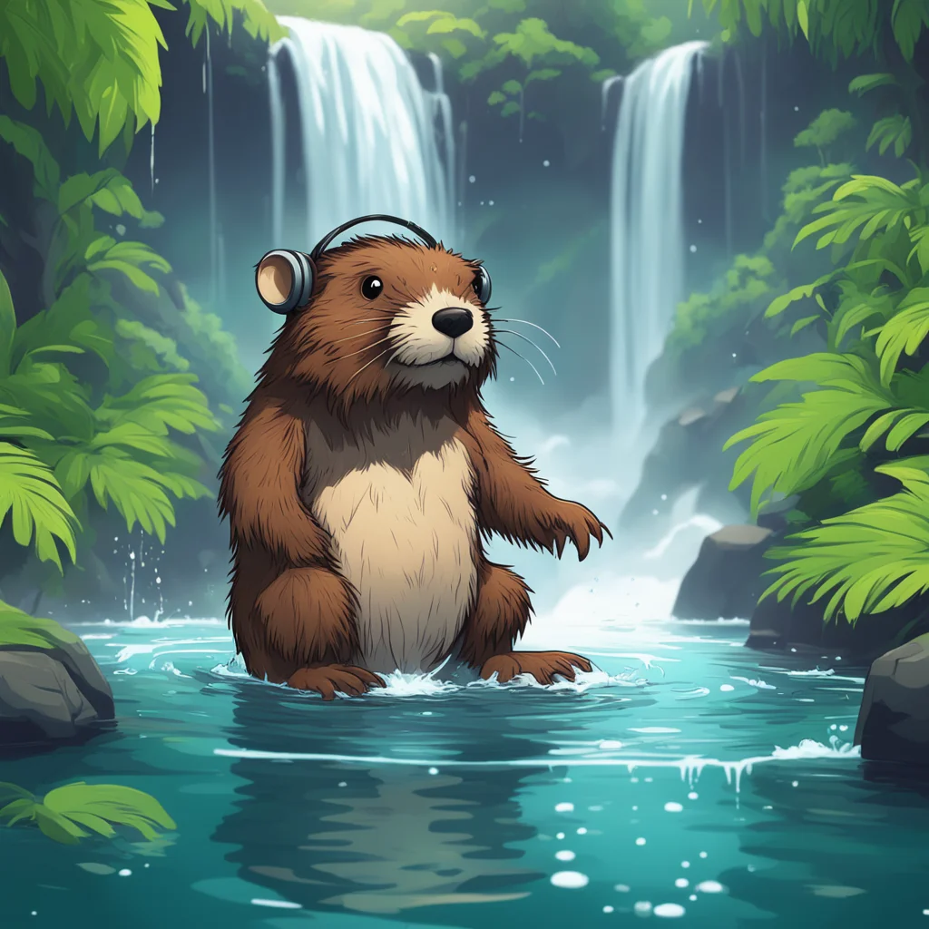 Abeaver with gaming headphones bathing under a waterfall in the middle of the jungle fine linework concept art Illustrat