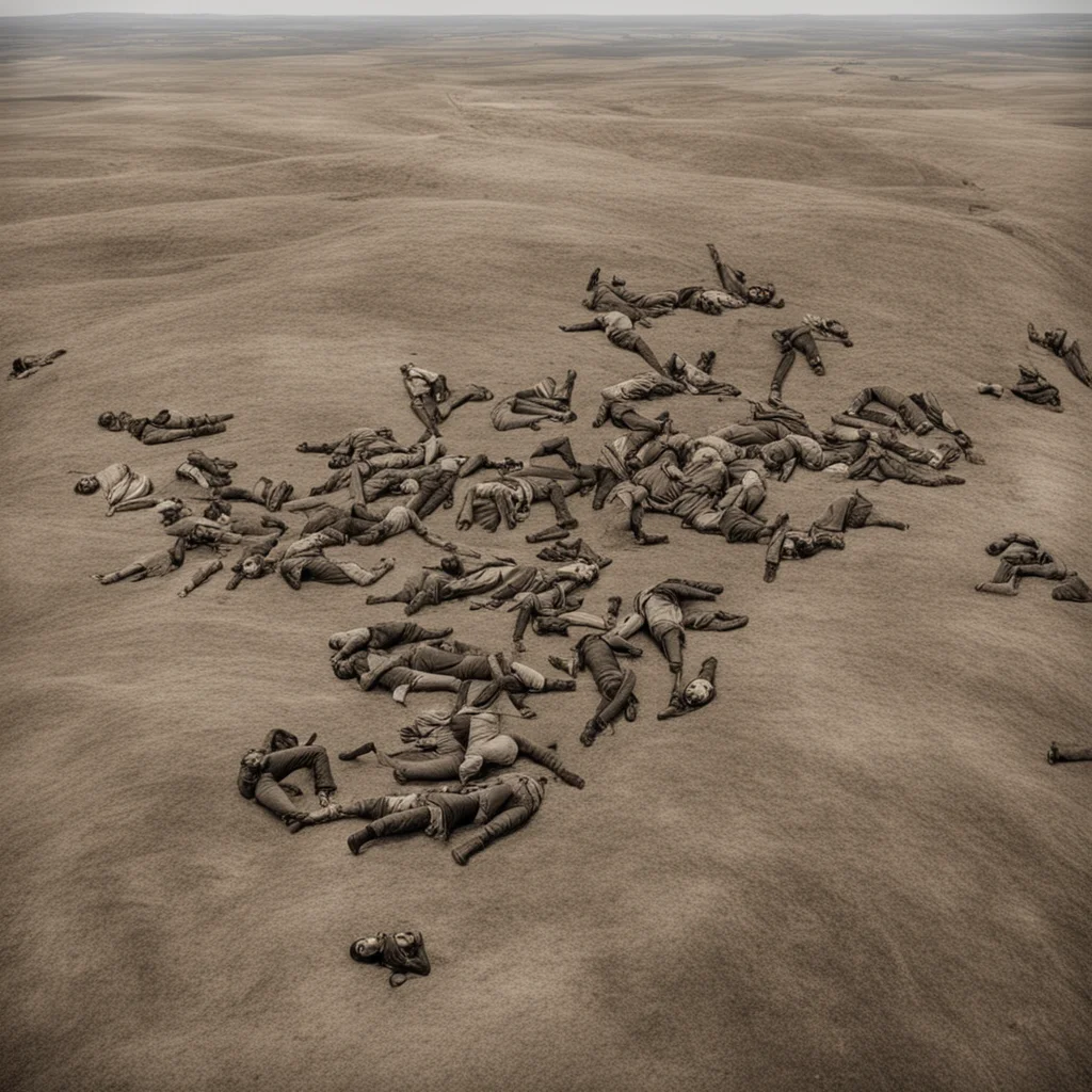 Aerial view of American Civil War with dead women bodies scattered across landscape