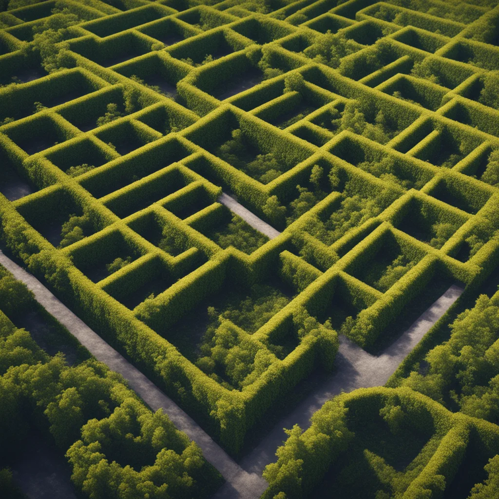 Aerial view of infinite endless abandoned garden maze4k render cold complementer ultrarealistic photography cinematic co