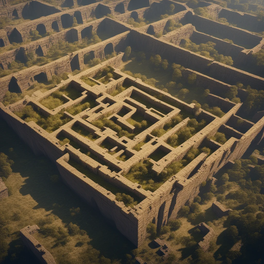 Aerial view of infinite endless ancient labyrinth ruin 4k render cold complementer ultrarealistic photography cinematic 