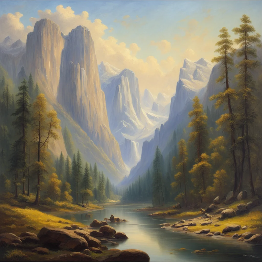 Albert Bierstadt hand painted oil painting Yosemite Valley above Merced River scenery splendor landscape mid century sty