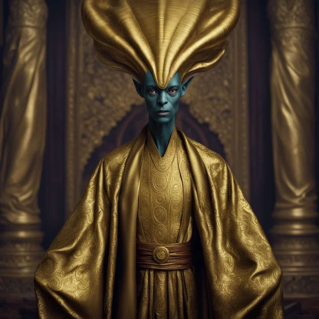 Alien Merchant with rich flowing robes opulent golden and mahagony fabrics in the style of Annie Leibovitz portrait aspe
