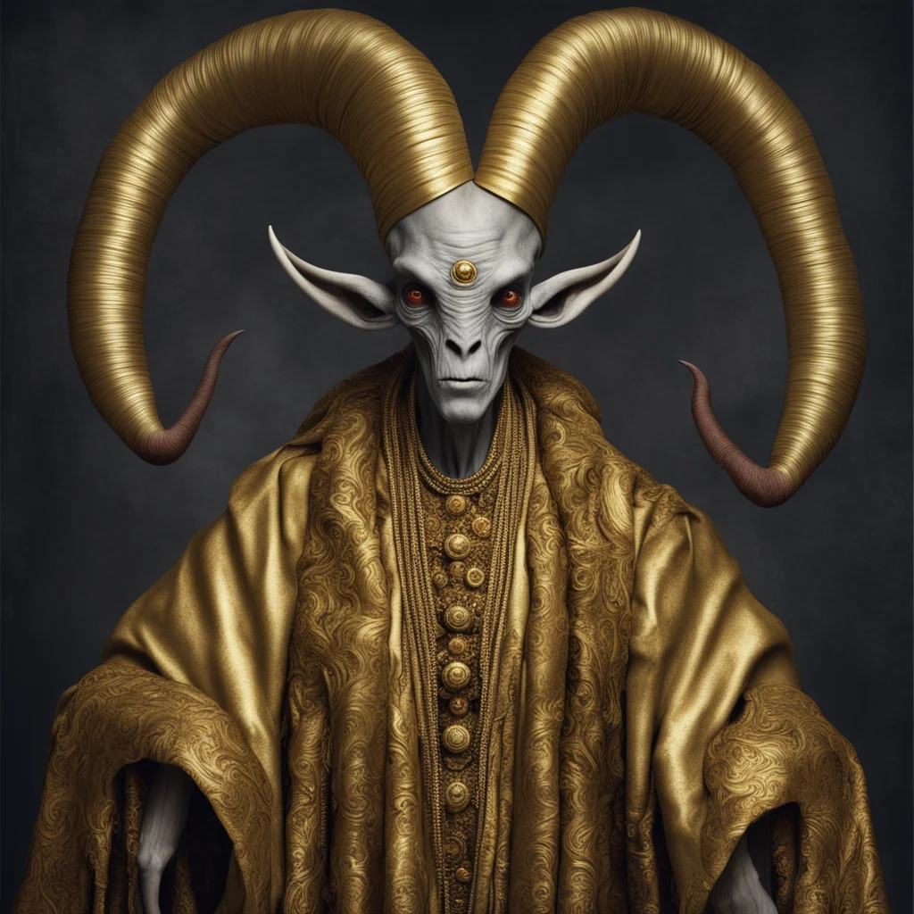 Alien Merchant with rich flowing robes opulent golden and mahagony fabrics in the style of Annie Leibovitz portrait deta