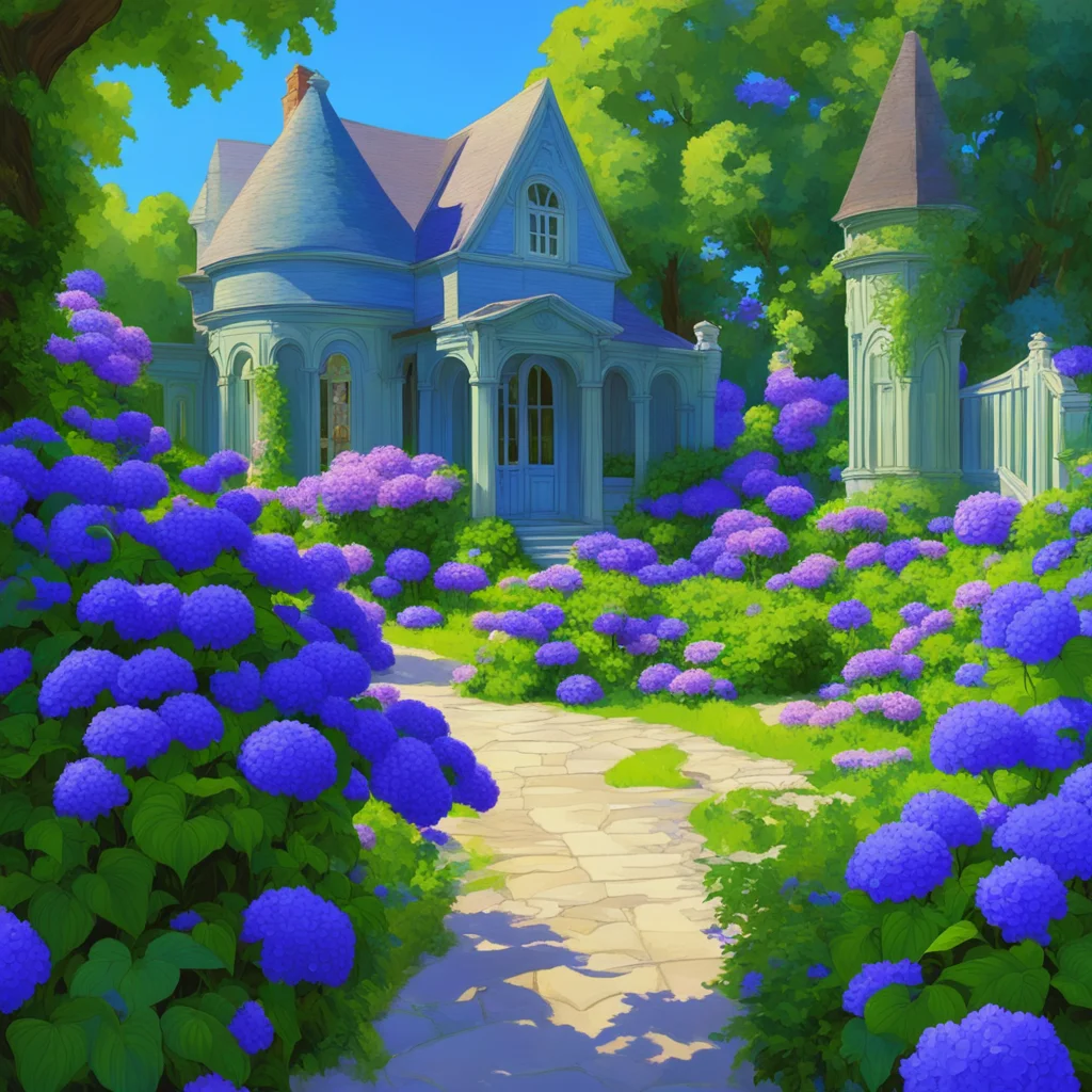 All blue Victorian garden with hydrangeas summer vibe beautiful sunshine in style of ralph mcquarrie by Ghibli by craig 