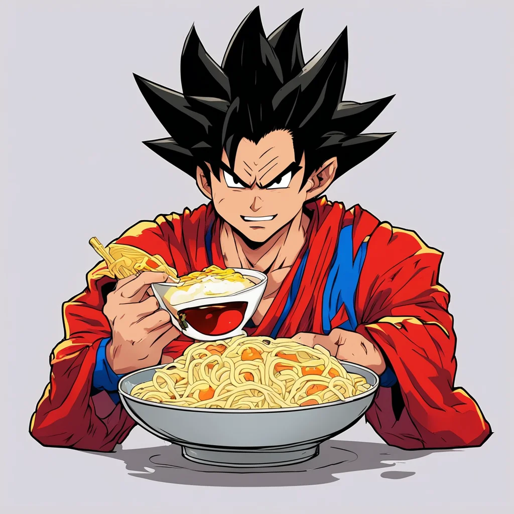 American style comic Goku eating ramen