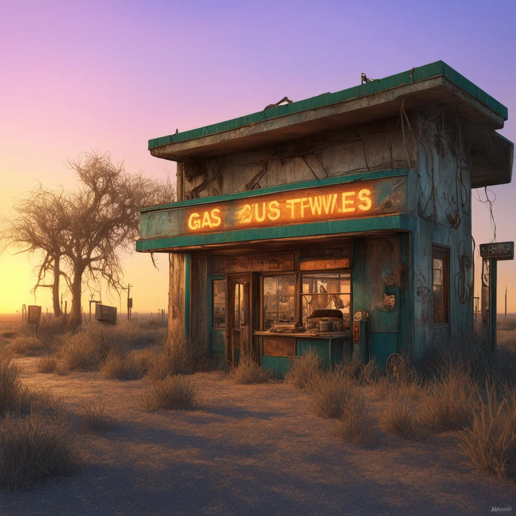 Americana roadside mystery sunset abandoned old gas station tumbleweeds Nekro Craig Mullins Doron Langberg realistic 3d 