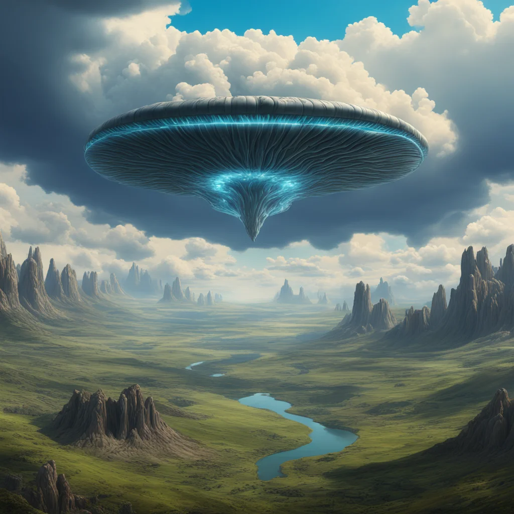 An Alien Spaceship Made Of 4 Coccolithophores Calmly Floating In An Epic Valley With Supercell Clouds In The Background 
